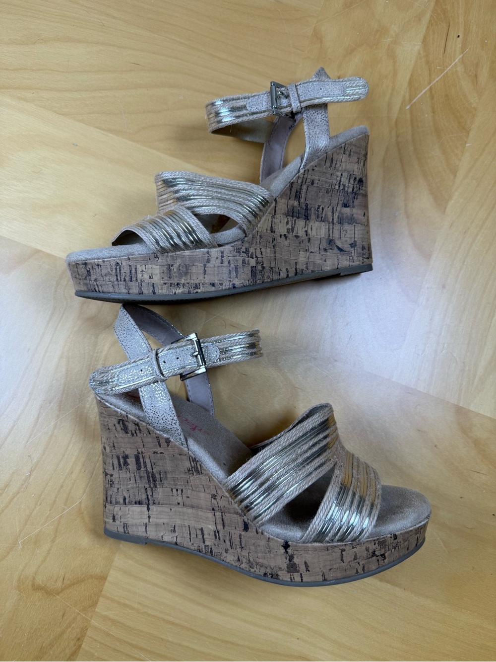 Jellypop Metallic Gold Wedge Sandals with Cork Platform